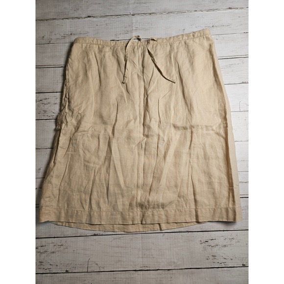 Laura Ashley Dresses & Skirts - Laura Ashley Tan Beige 100% Linen Midi Skirt Size 10 Drawstring Pockets